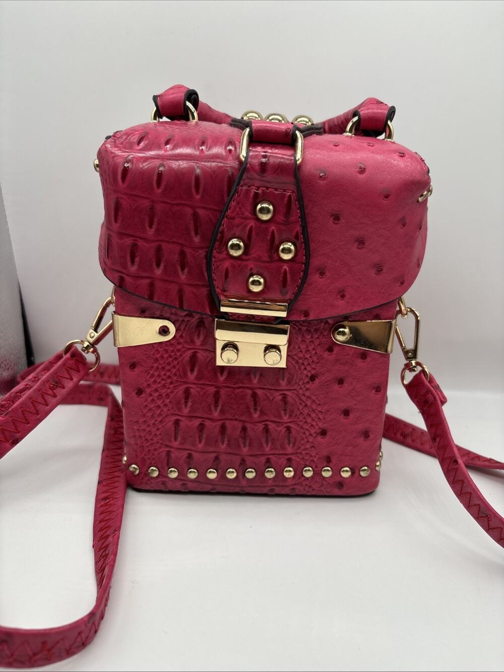 Hot Pink Faux Ostrich & Crocodile Textured Studded Box Trunk Purse